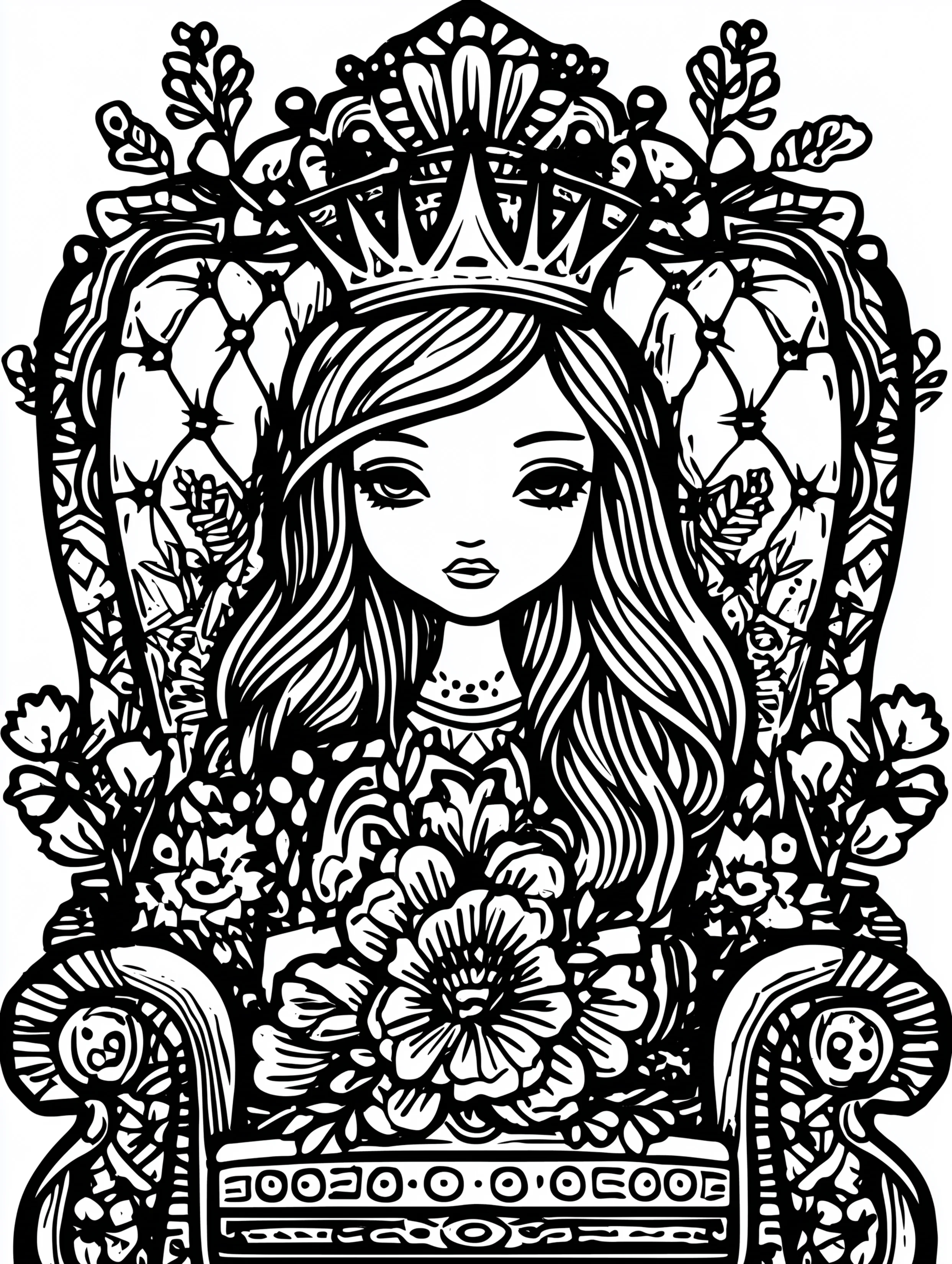 Free printable queen coloring page for adults featuring a queen seated on a throne